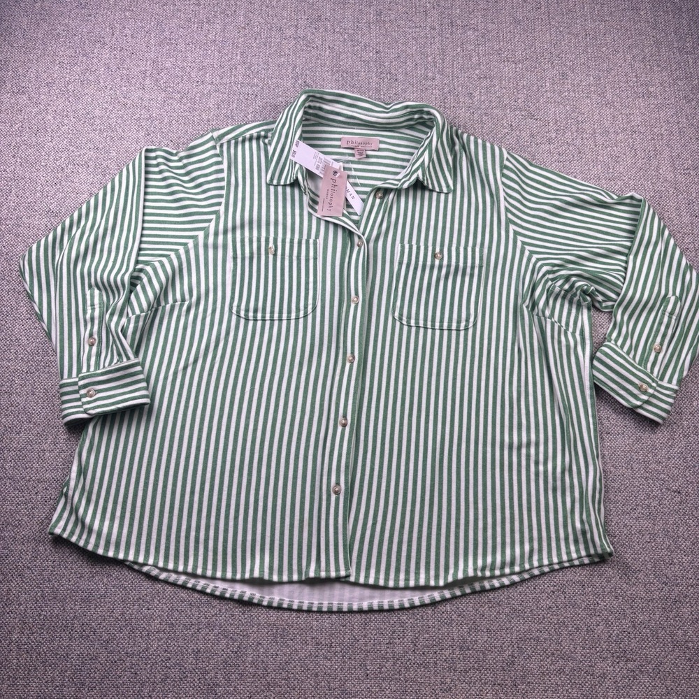 Philosophy Women's Green White Striped Button Down Blouse Shirt Plus Sz 2XL
